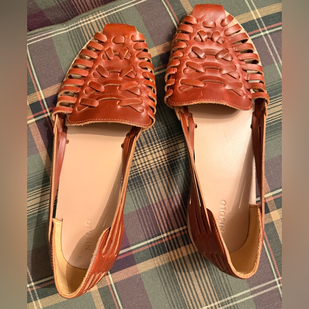 Nisolo Cognac Woven Leather Huarache Flats